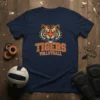 Navy blue t-shirt featuring a fierce tiger mascot head and the text "TIGERS VOLLEYBALL" in orange and white lettering