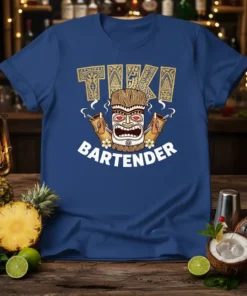 Tiki Bartender graphic t-shirt design featuring a fierce tiki mask holding cocktail shakers, with "Tiki Bartender" text