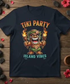 Tiki Party Island Vibes t-shirt featuring a cartoon tiki character holding torches, with tropical text and flames