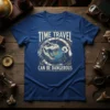 Time Travel Can Be Dangerous T-Shirt with T-Rex and weasel design, featuring a cosmic vortex and clock face elements