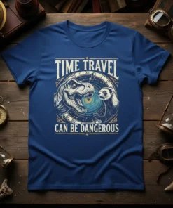 Time Travel Can Be Dangerous T-Shirt with T-Rex and weasel design, featuring a cosmic vortex and clock face elements
