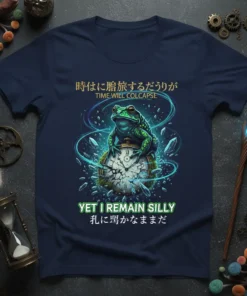 Frog sitting on a cracked clock with swirling blue energy, text reads "TIME WILL COLAPSE YET I REMAIN SILLY"