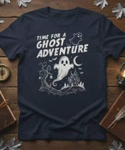 Time For A Ghost Adventure Halloween T-Shirt with ghost, haunted house, and moon graphic