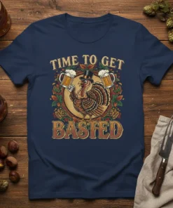 Time To Get Basted Thanksgiving turkey holding beer mugs graphic tee with festive fall leaves