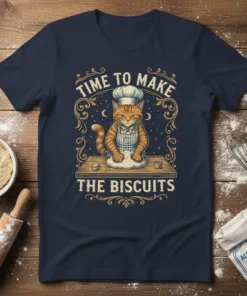 Cat wearing chef hat and apron kneading dough with text "Time to Make the Biscuits" on navy t-shirt