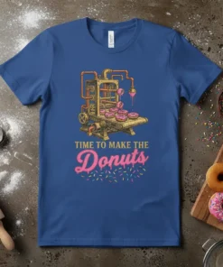 Time to Make the Donuts t-shirt design with a donut-making machine graphic and sprinkles