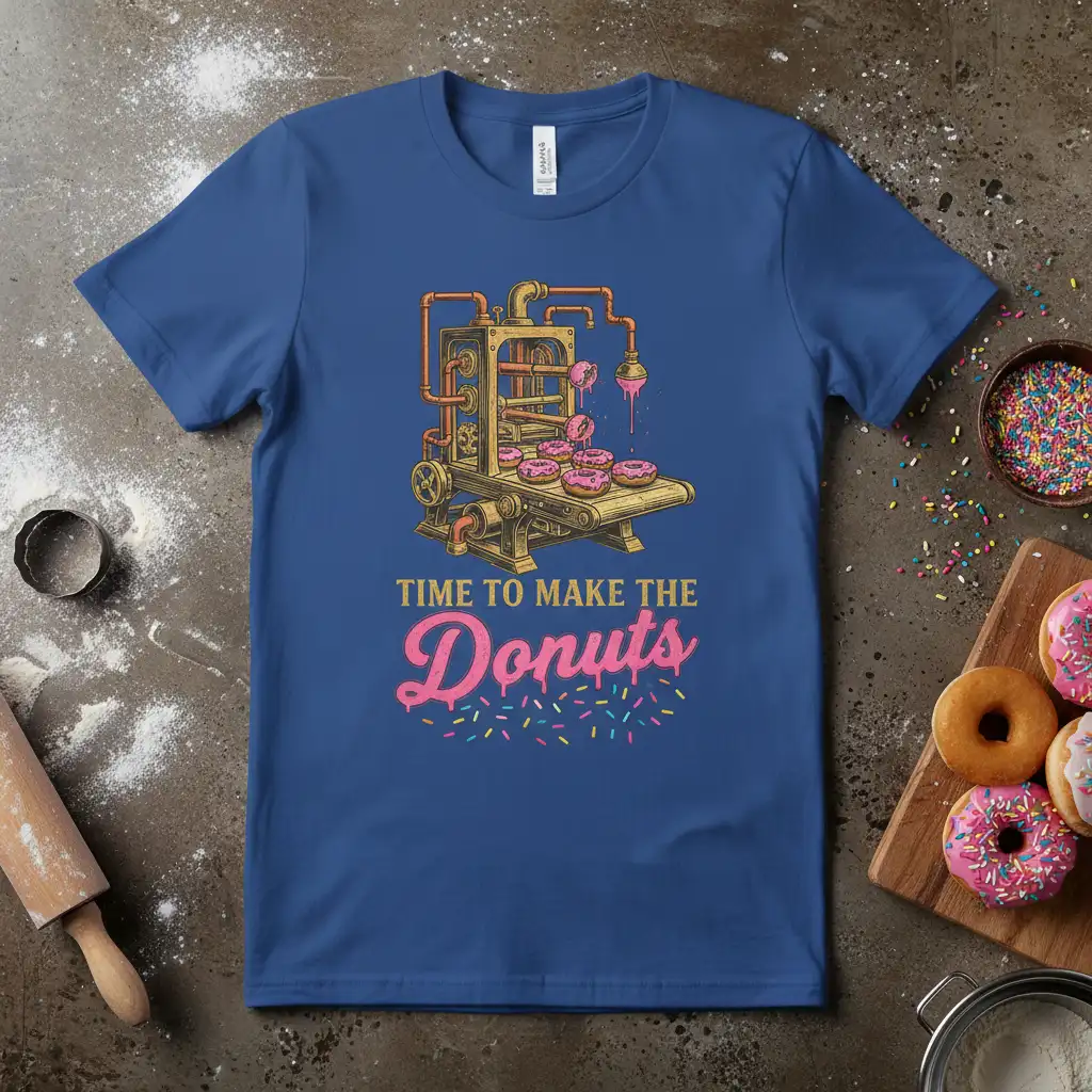 Time to Make the Donuts slogan with a vintage donut machine illustration and colorful sprinkles