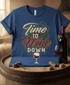Blue t-shirt with "Time to Wine DOWN" text, grapes, and wine glass graphic