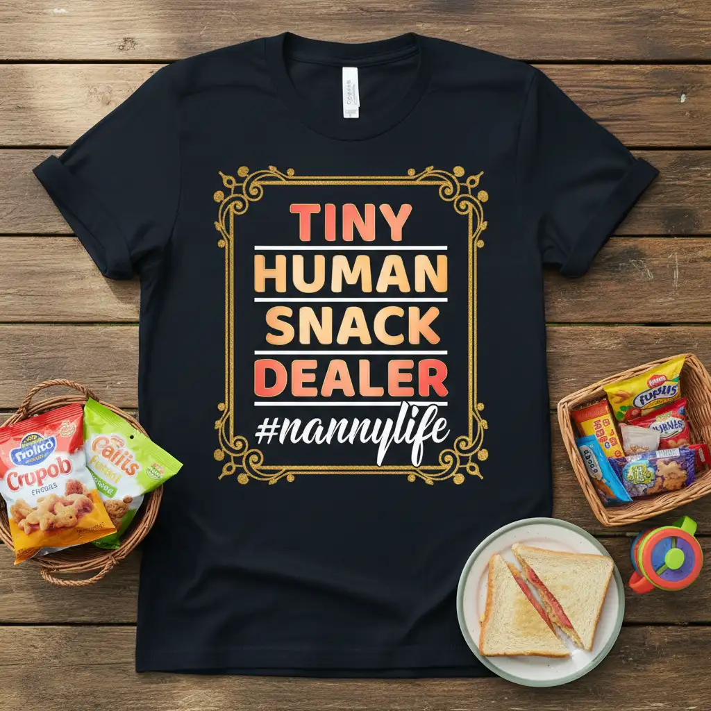 Tiny Human Snack Dealer #nannylife creative illustration printed on comfortable cotton fabric creating a standout t-shirt
