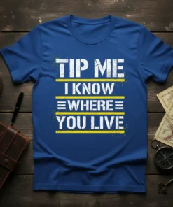 Blue t-shirt with white text that reads "TIP ME I KNOW WHERE YOU LIVE" in bold, distressed font with yellow