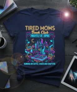 Tired Moms Book Club shirt design with neon city skyline, books, coffee, and quote "Running on Coffee, Chaos and Chapters"
