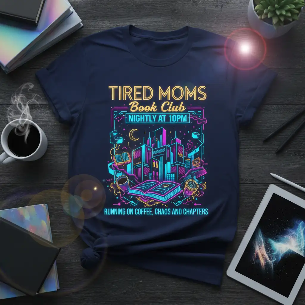 Tired Moms Book Club neon design with quote Running on Coffee, Chaos and Chapters, city skyline, and books