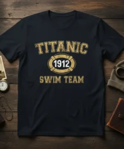 Titanic 1912 Swim Team text in distressed gold font on a dark t-shirt, featuring a life preserver graphic