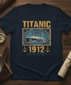 Titanic 1912 t-shirt design featuring a vintage illustration of the ship and anchors