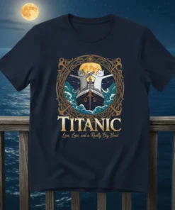 Titanic Love Loss and a Really Big Boat t-shirt design featuring two cats on a ship deck with a full