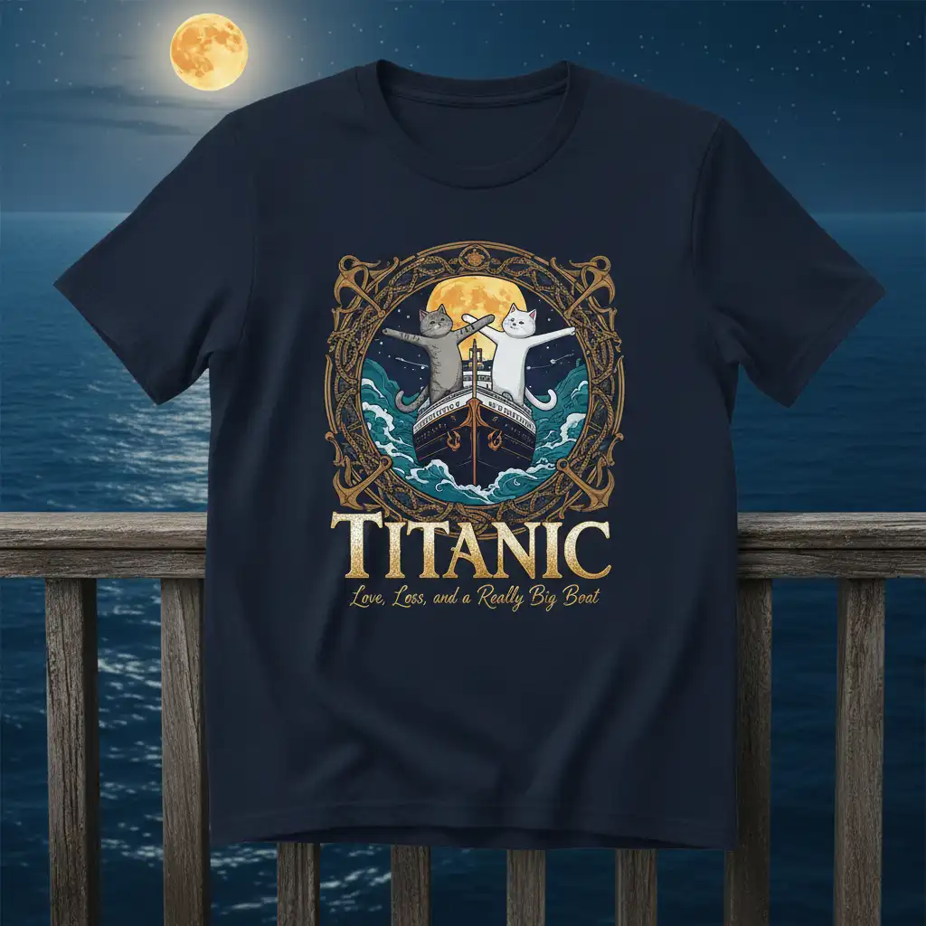 Titanic Love Loss and a Really Big Boat t-shirt graphic with cats, ship, and moon