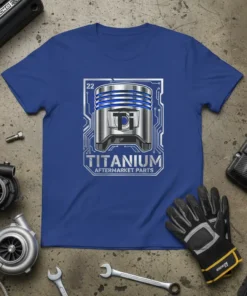 TITANIUM AFTERMARKET PARTS text and piston graphic on a blue t-shirt, symbolizing automotive performance and custom parts