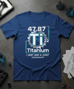 T-shirt design featuring the periodic table element for Titanium, stating "I JUST HAD A JOINT (replacement)" with medical and gear