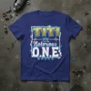 TITI Notorious ONE first birthday t-shirt design with gold block letters and blue outline, crown, and stars