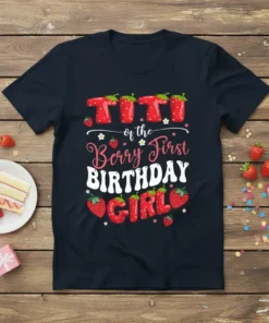 TITI of the BERRY FIRST BIRTHDAY GIRL t-shirt with strawberry accents and festive typography for a first birthday celebration