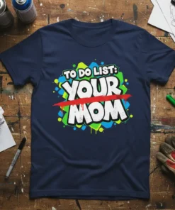 Navy blue t-shirt with "TO DO LIST: YOUR MOM" design in bold white and green graffiti style font, with a