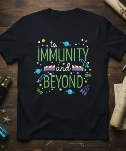 Black t-shirt with "to IMMUNITY and BEYOND" text, syringes, planets, and rocket graphic. Perfect for healthcare appreciation