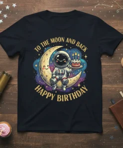 To The Moon And Back Happy Birthday t-shirt with a cute astronaut holding a birthday cake on the moon