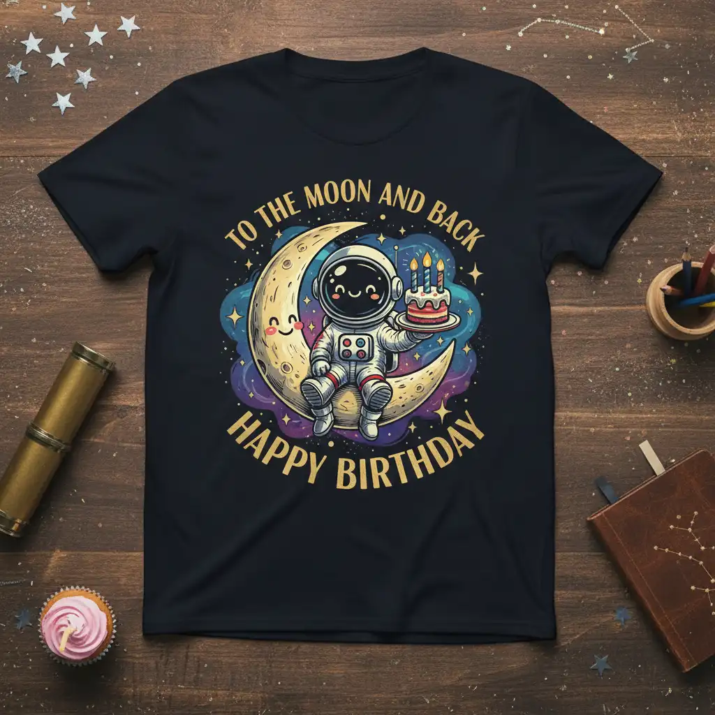 To The Moon And Back Happy Birthday quote with a smiling astronaut holding a birthday cake on the moon