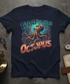 Today Feel Like An Octopus T-Shirt with a steampunk-inspired octopus graphic and ocean background