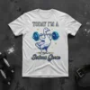 Today I'm A Serious Goose funny gym t-shirt design with a goose lifting weights and stars around it