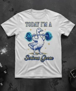 Today I'm A Serious Goose funny gym t-shirt design with a goose lifting weights and stars around it