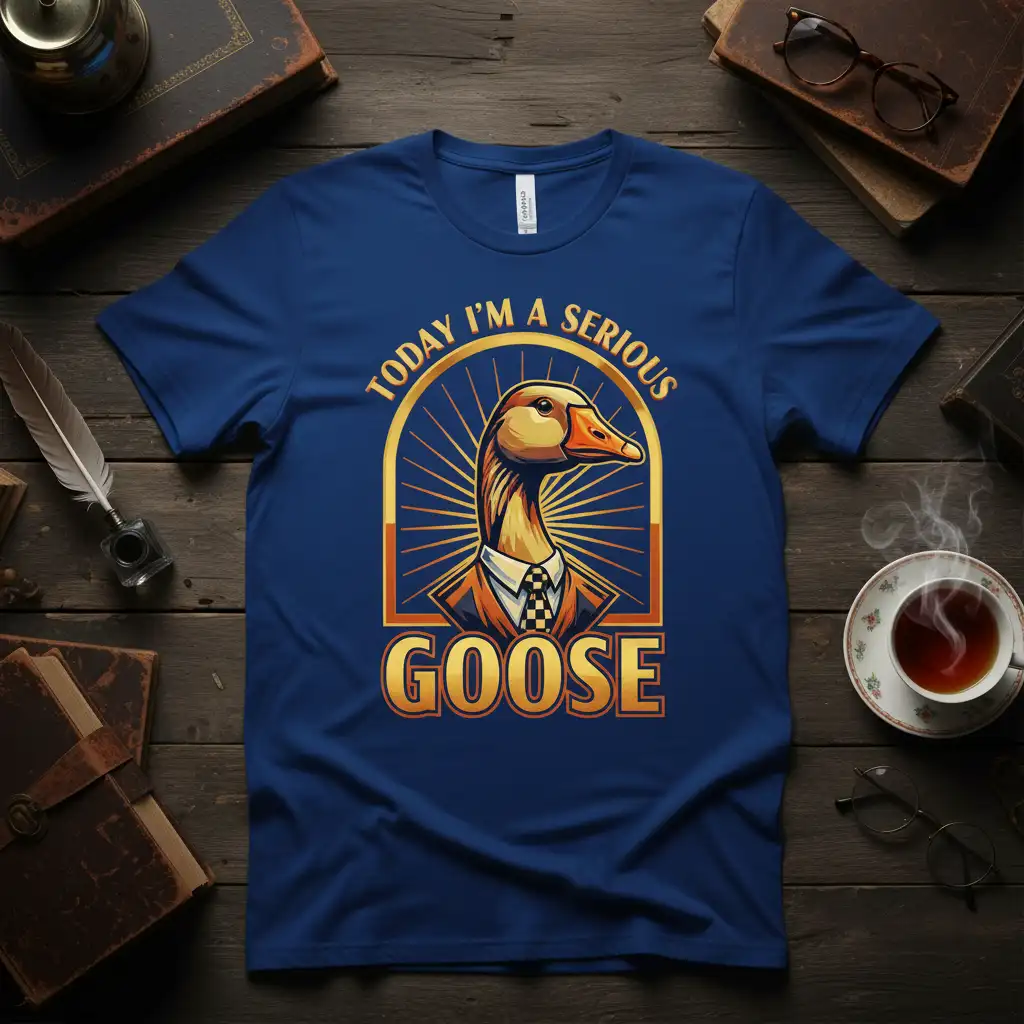 Today I'm a Serious Goose quote with a dressed-up goose illustration on a blue t-shirt