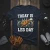 Funny "TODAY IS LEG DAY" t-shirt with a grilled chicken leg lifting dumbbells graphic