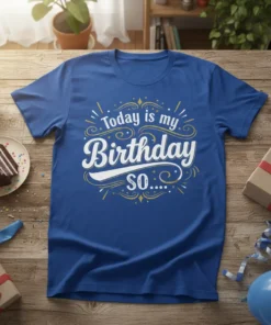 Today is my Birthday SO.... text design on a royal blue t-shirt, featuring decorative accents and glitter elements