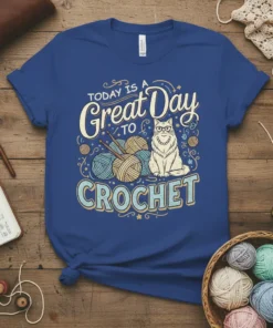 Today Is A Great Day To Crochet text with a cat, yarn balls, and knitting needles graphic on a blue