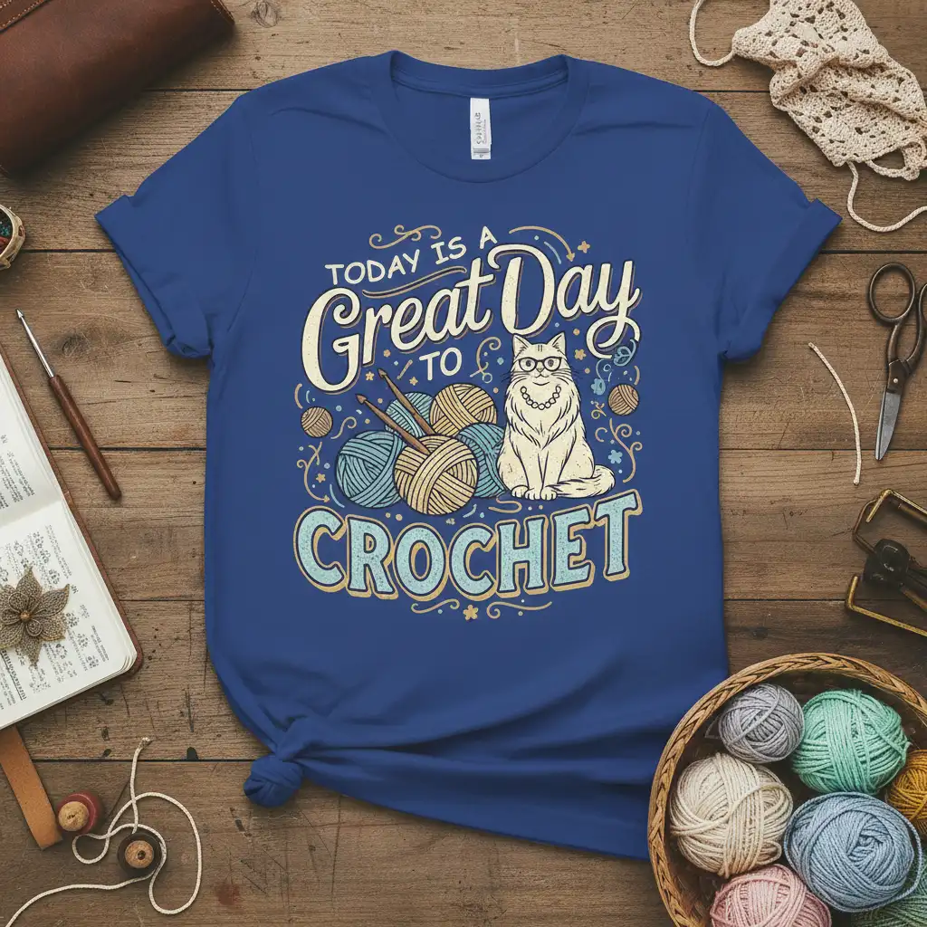 Today Is A Great Day To Crochet text with cat, yarn, and knitting needles design on a blue t-shirt