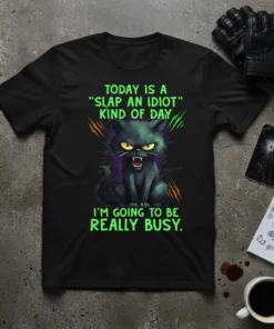 Black t-shirt with green text reading "TODAY IS A "SLAP AN IDIOT" KIND OF DAY. I'M GOING TO BE REALLY