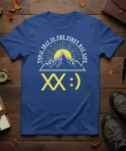 TODAY IS THE FIRST DAY OF THE REST OF LIFE XX :) t-shirt with mountain sunrise graphic and yellow text