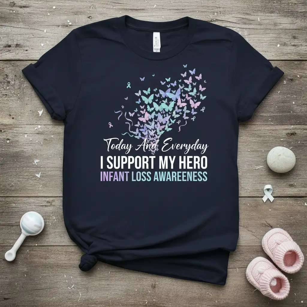 Today And Everyday I SUPPORT MY HERO INFANT LOSS AWARENESS quote with butterfly heart graphic on navy shirt
