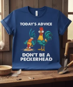 Funny chicken t-shirt with text "Today's Advice Don't Be A Peckerhead" and cartoon roosters