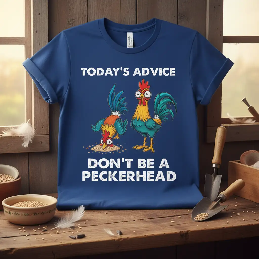 Today's Advice Don't Be A Peckerhead funny chicken quote tee with cartoon roosters graphic