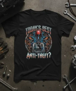Today's Best Anti-Theft? graphic tee featuring a detailed gear shifter design with steampunk elements and bold typography