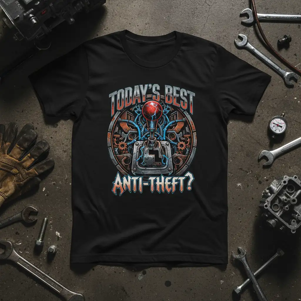 Today's Best Anti-Theft? quote on a black t-shirt with a detailed mechanical gear shifter graphic