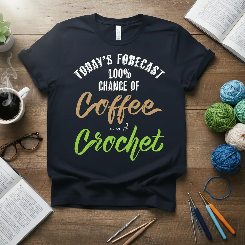 TODAY'S FORECAST 100% CHANCE OF Coffee and Crochet quote on a dark t-shirt, with coffee and crochet elements