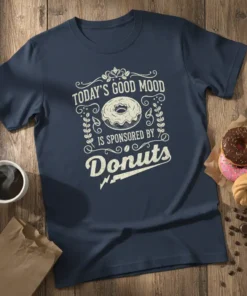 Navy t-shirt with "Today's Good Mood Is Sponsored By Donuts" text and a donut graphic