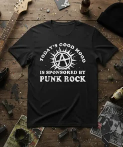 Black t-shirt with white text reading "TODAY'S GOOD MOOD IS SPONSORED BY PUNK ROCK" and an anarchy symbol graphic