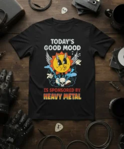 Heavy metal t-shirt with "Today's Good Mood Is Sponsored By Heavy Metal" text and a cartoon sun graphic