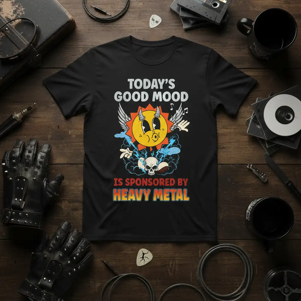 Today's Good Mood Is Sponsored By Heavy Metal quote on a black t-shirt with a cartoon sun and skull graphic