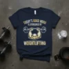 Today's Good Mood Is Sponsored By Weightlifting text with muscular arms lifting a barbell on a navy t-shirt