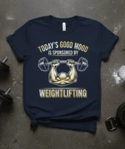 Today's Good Mood Is Sponsored By Weightlifting text with muscular arms lifting a barbell on a navy t-shirt